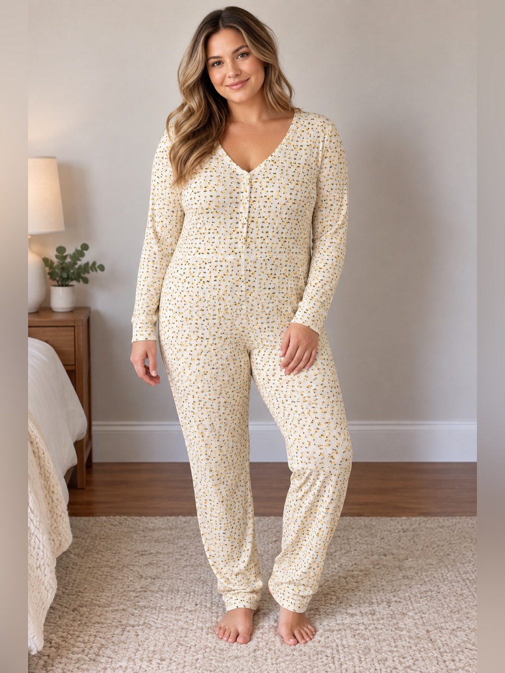 Free People White One-Piece Pajama with Yellow Print